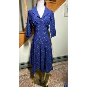 Gown Town Womens Sz S Vintage Inspired Fit & Flare Dress Midi Blue Polka Dot